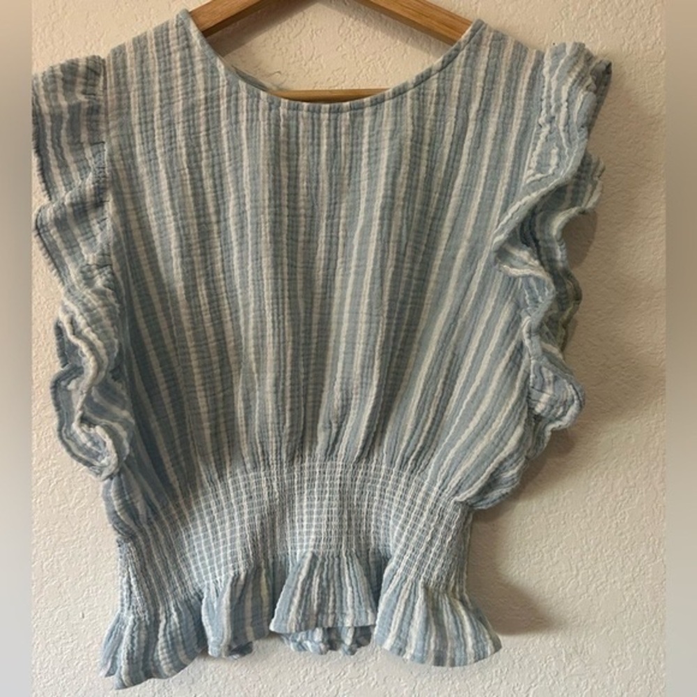 cupcakes & cashmere Blue Striped Ruffle Blouse
